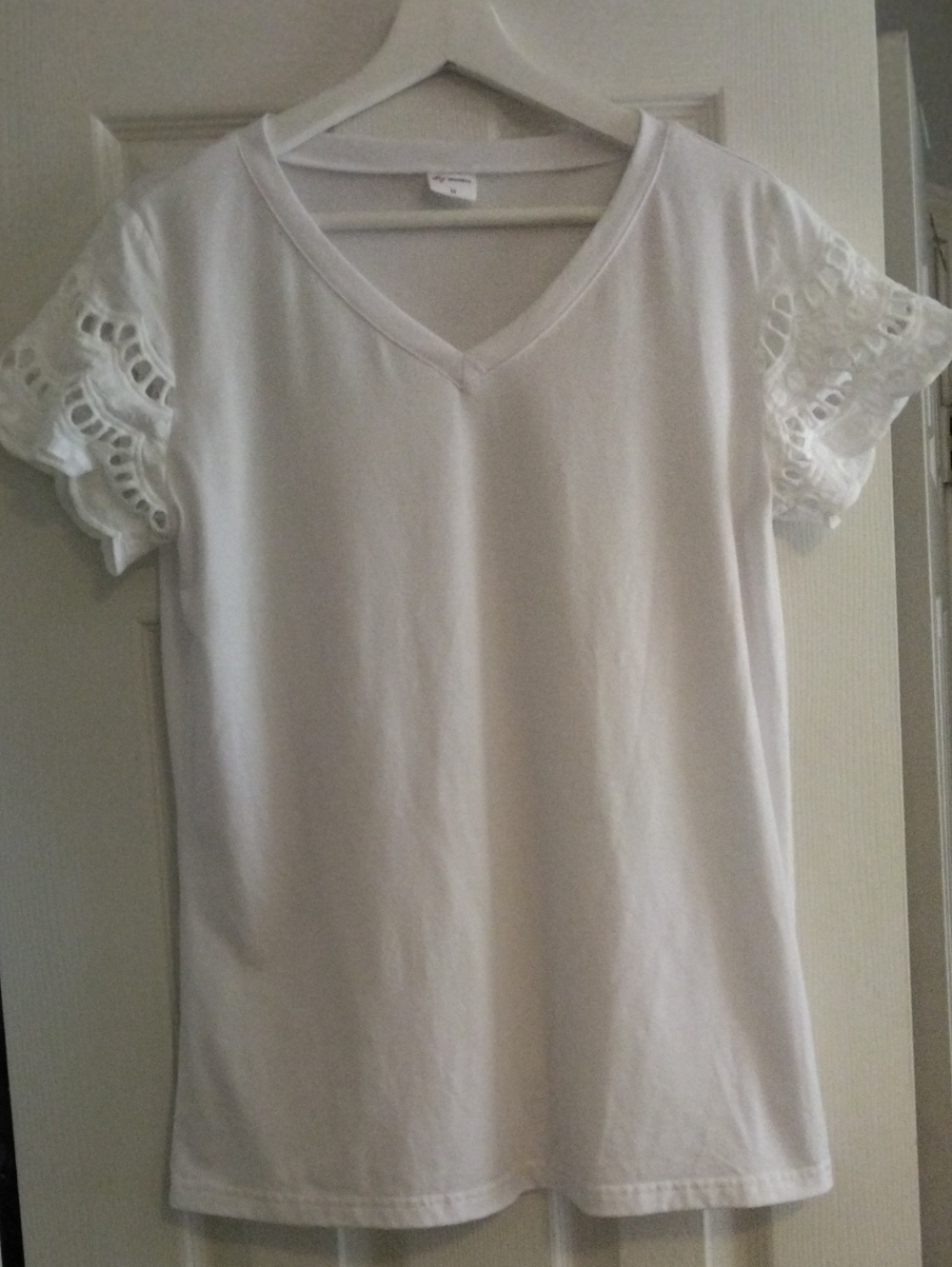 Women’s White V-Neck Top with Lace Sleeve Detail